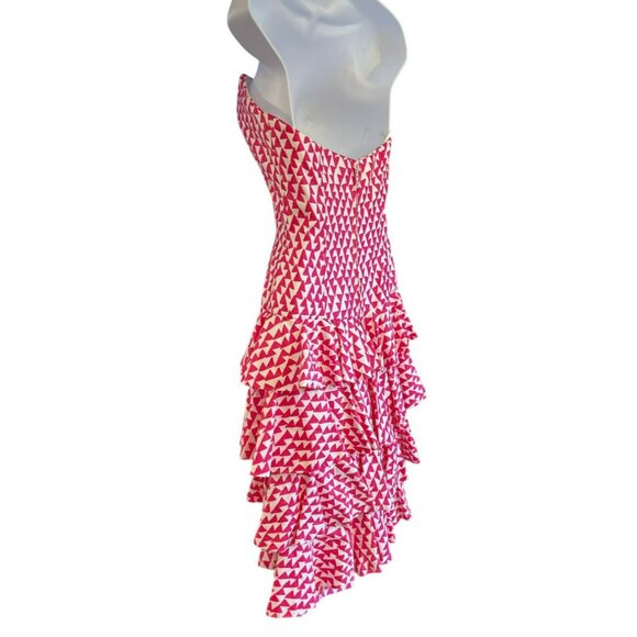1980 Vintage AJ Bari Pink White Geometric Ruffle Tiered Knee Length Dress Size 4 - Picture 3 of 5